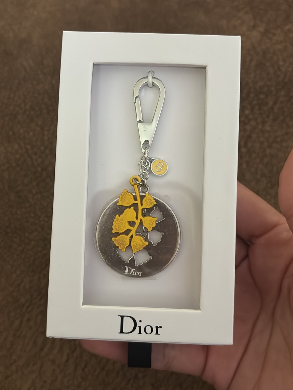 Dior Silver and Yellow Ginkgo Leaf Charm Keyring